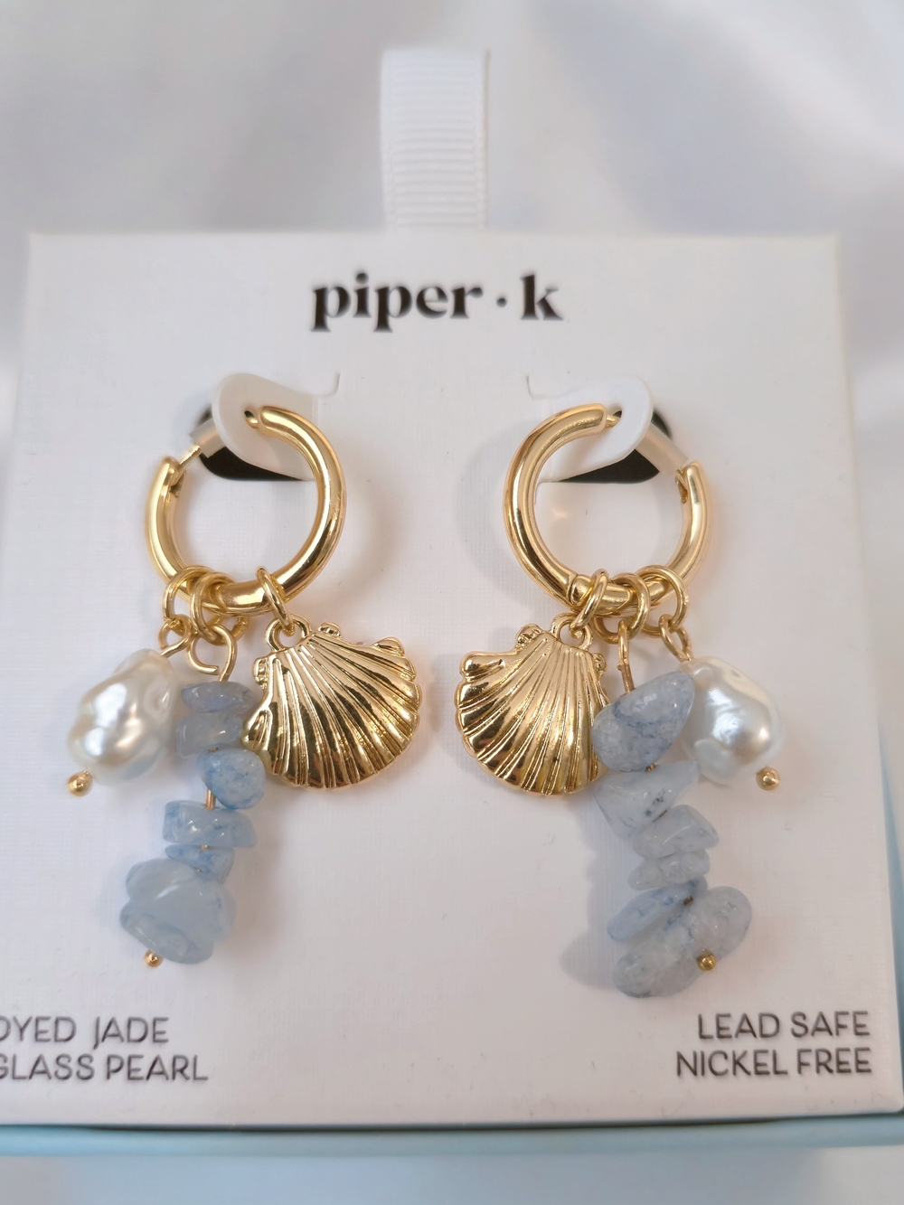 Piper•k Gold Hoop Earrings with Light Blue Stone Chips and Pearl Drops